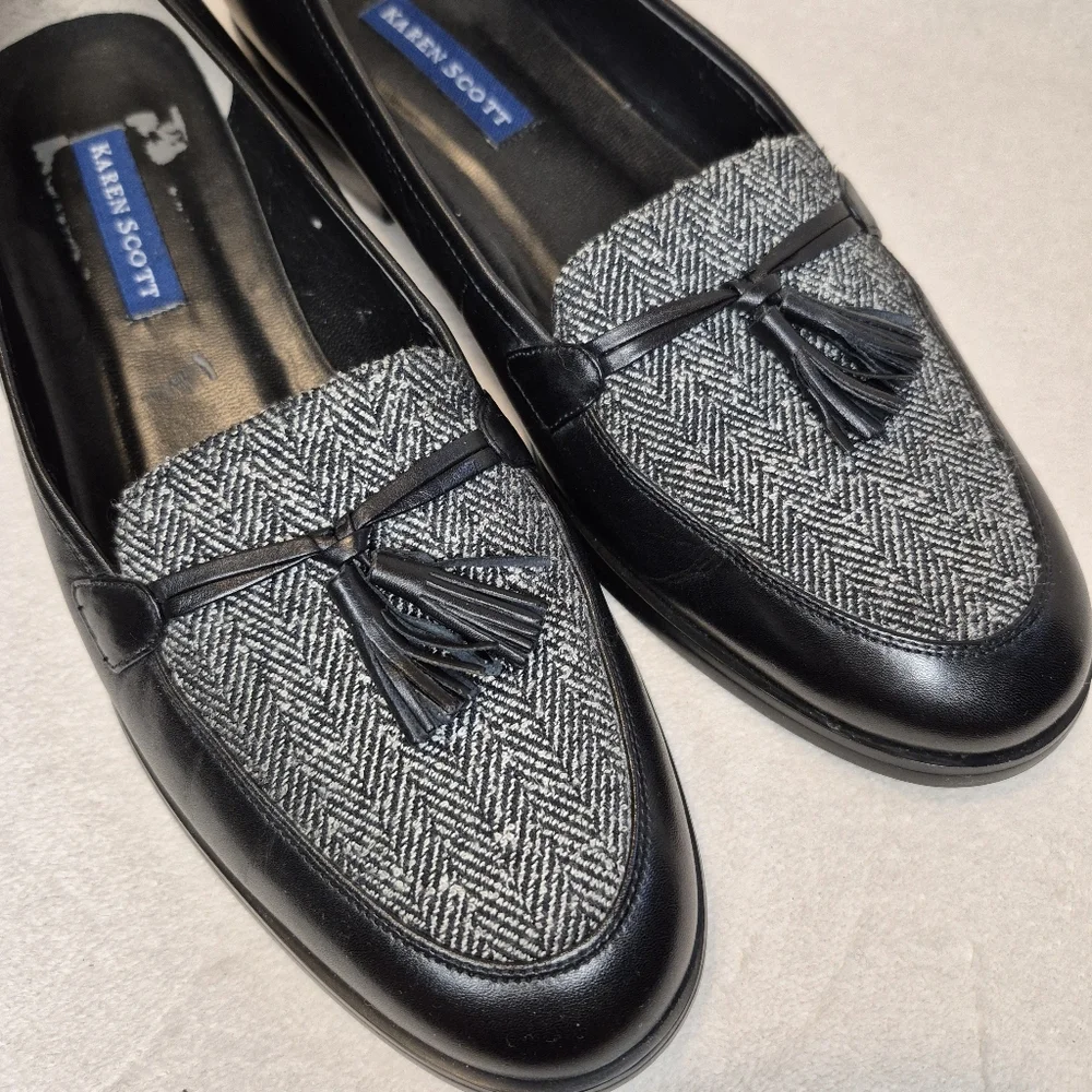 Karen Scott 8.5 Mari Leather Loafer Black & White Tweed Tassel Retro, Texture